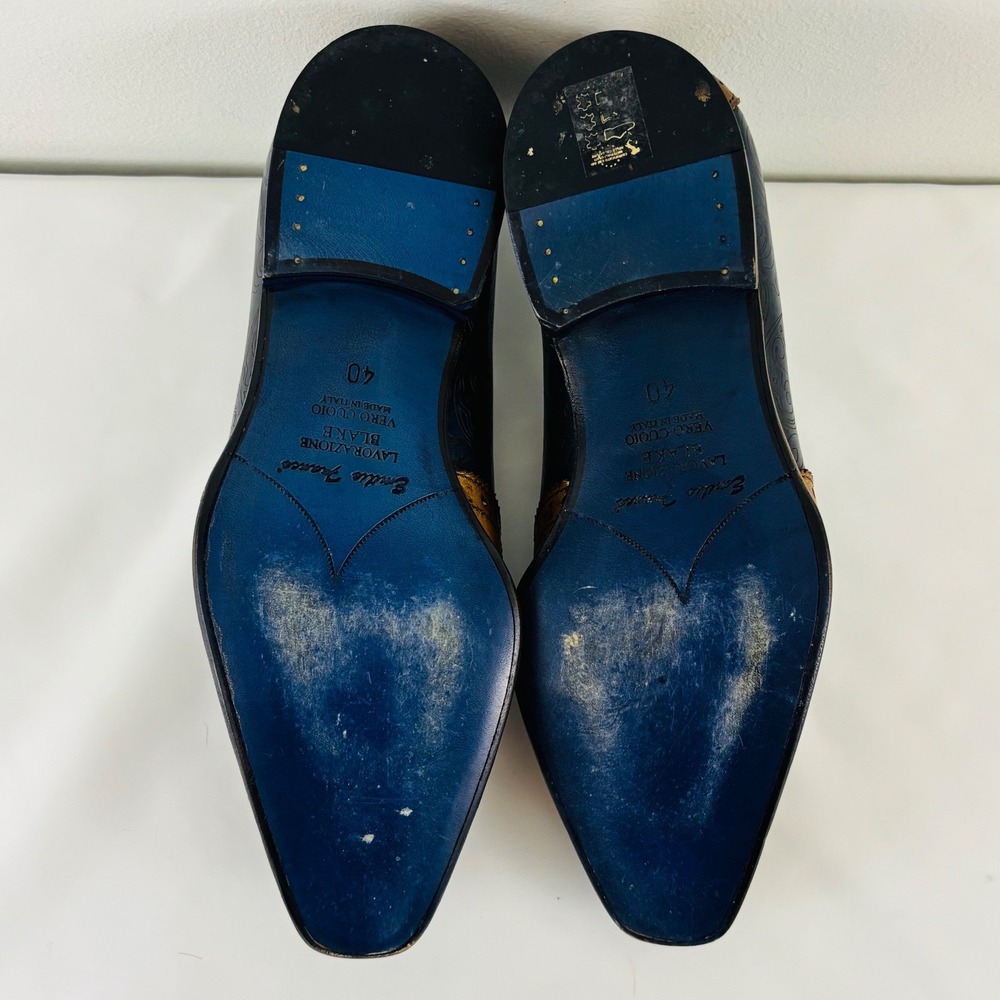 Emilio Franco Navy Blue Paisley Cognac Leather Tassel Wingtip Loafers Italy Sz 7 - Picture 10 of 13